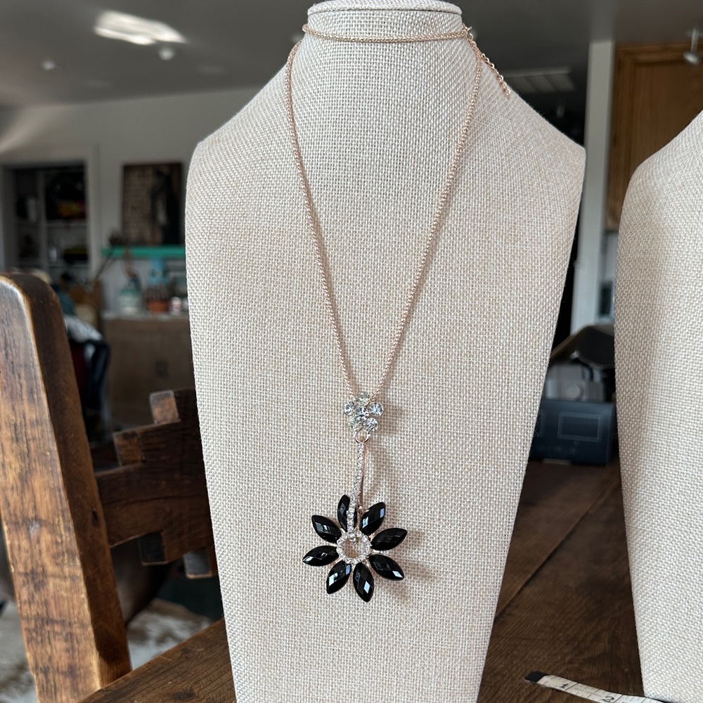 Black Rhinestone Flower Pendant/Faux Rose Gold Rhinestone Flower Necklace